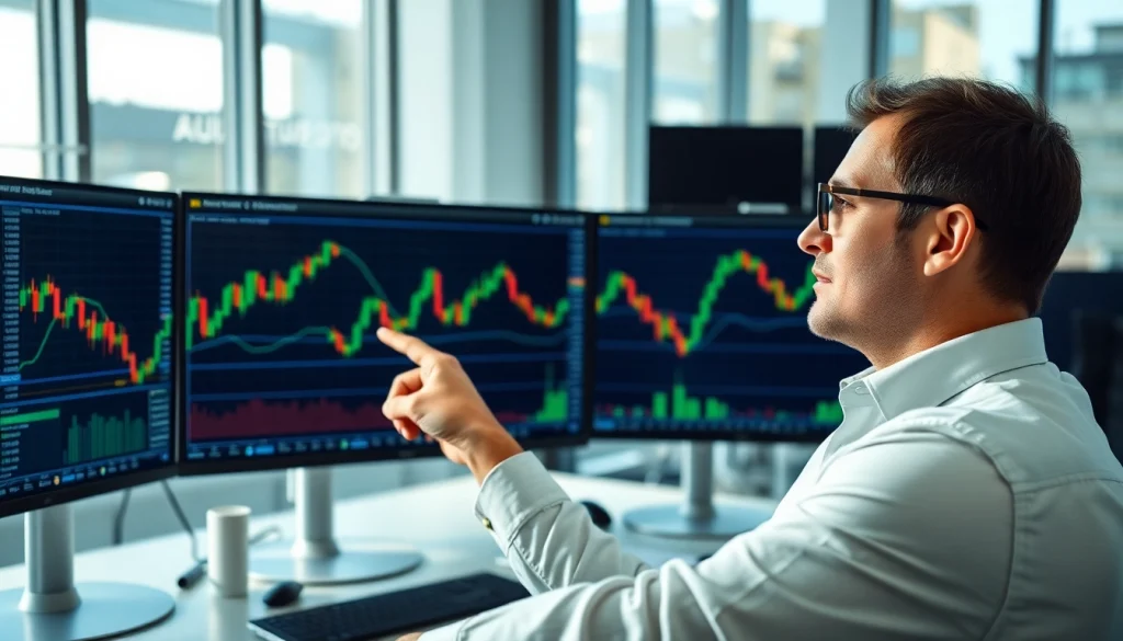 Traders analyzing XAUUSD signals with multiple trading screens in a modern office.