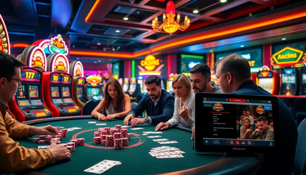 Experience thrilling gaming at https://jili777.fit/ with colorful slot machines and engaged gamblers enjoying high-stakes poker.