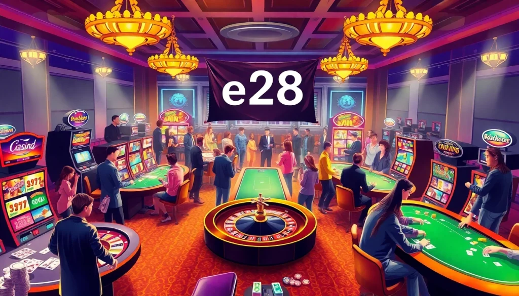 Exciting e28 casino scene with players enjoying roulette and poker games.