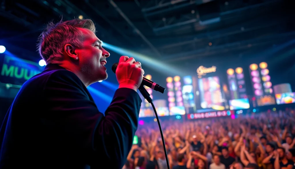 Ok88 performing live on stage, showcasing energy with vibrant city lights in the background.