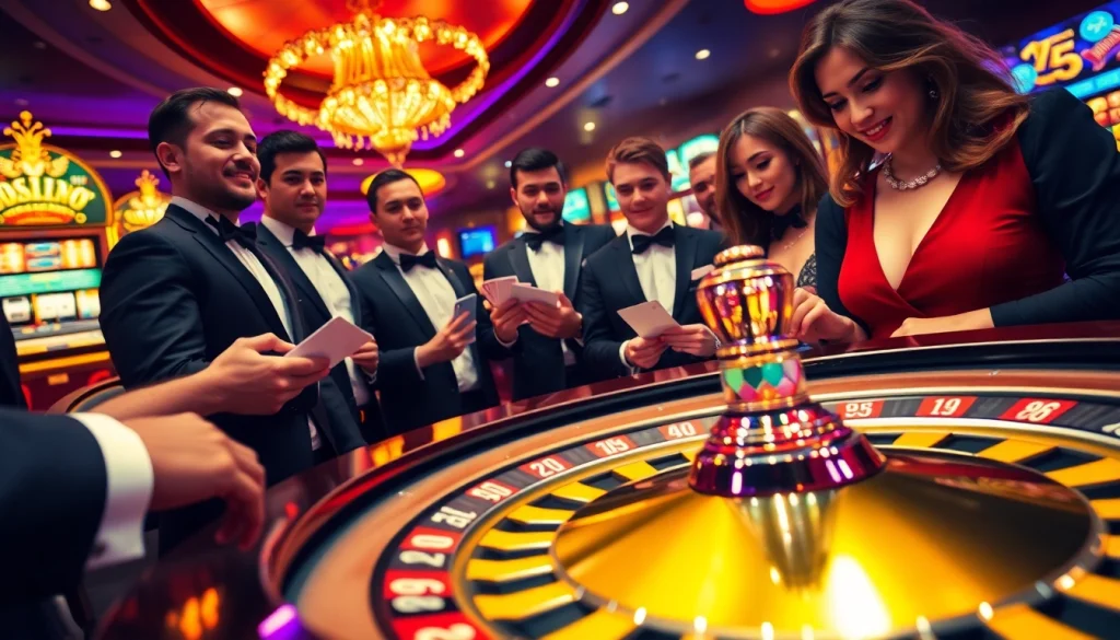 Players engaged in intense betting at a table game at https://789betthailan.com/, showcasing vibrant poker chips and cards.