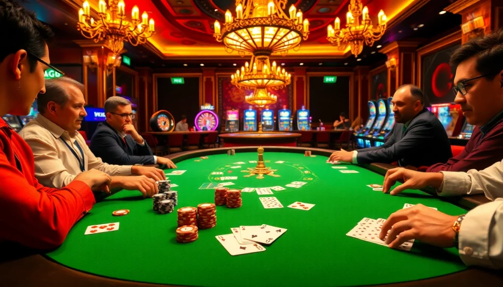 Exciting poker game at jogoluck Casino with vibrant chips and focused players.