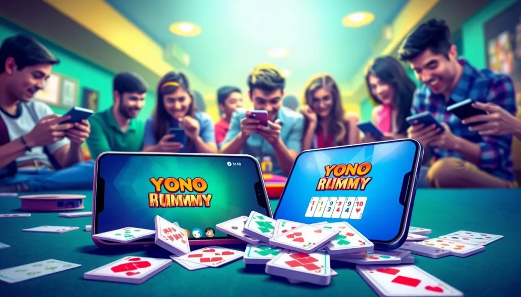Engaging scene showcasing the Yono Rummy app on a smartphone surrounded by players enjoying the game.
