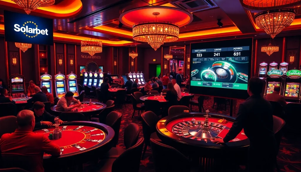 Experience Solarbet's vibrant casino atmosphere with players enjoying poker, slots, and roulette.