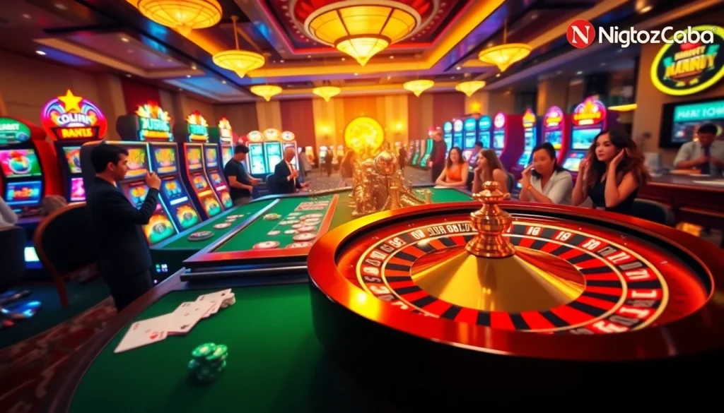 Experience the excitement of casino gaming at NgonClub with vibrant slot machines and roulette wheels.