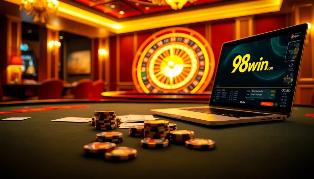 Experience the thrill at 98win com with a vibrant poker table and roulette wheel, capturing online casino excitement.