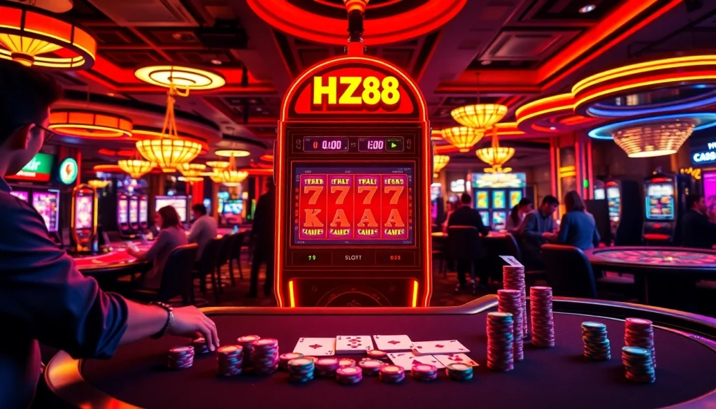 HZ88 slot machine with vibrant design amidst players enjoying blackjack and roulette at a lively casino.