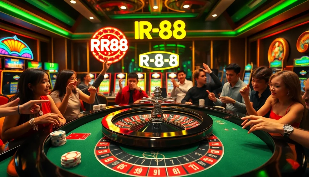 Exciting RR88 casino scene featuring roulette table, players, and vibrant atmosphere.