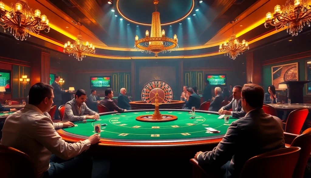 Experience luxurious poker at https://gg88com.pro/ with engaged players, rich poker chips, and a roulette wheel in a vibrant casino.