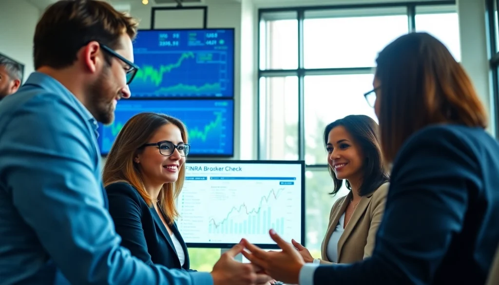 Researching brokers using FINRA Broker Check tool with professionals engaged in discussion.